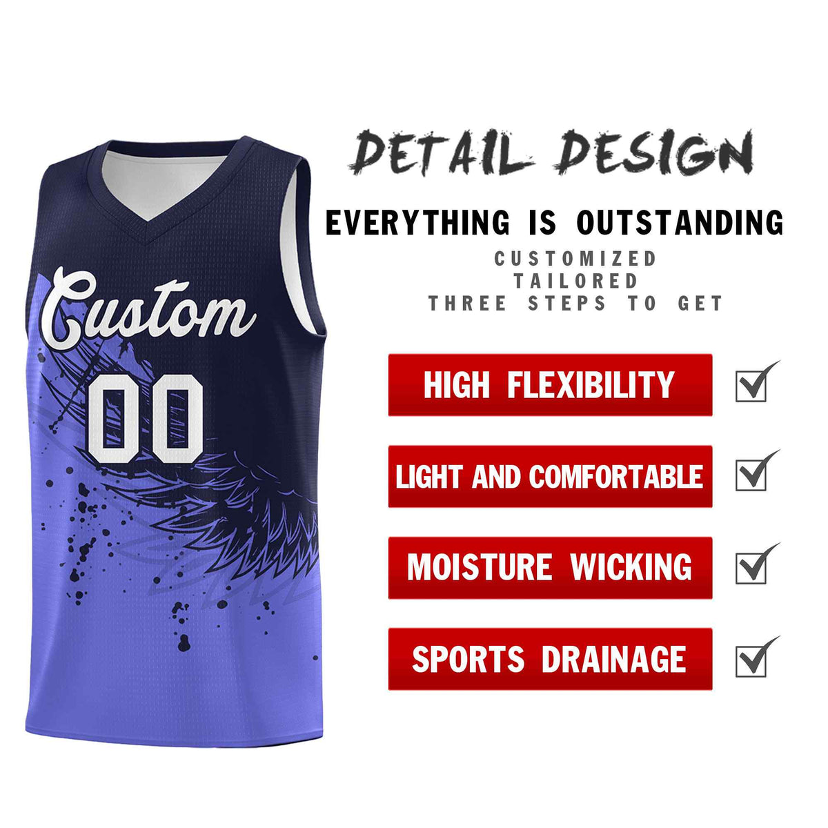 Custom Purple Navy Wing Pattern Sports Uniform Basketball Jersey