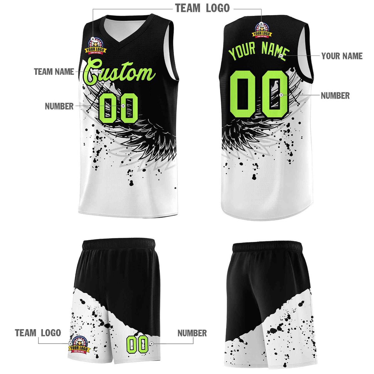 Custom White Black Wing Pattern Sports Uniform Basketball Jersey