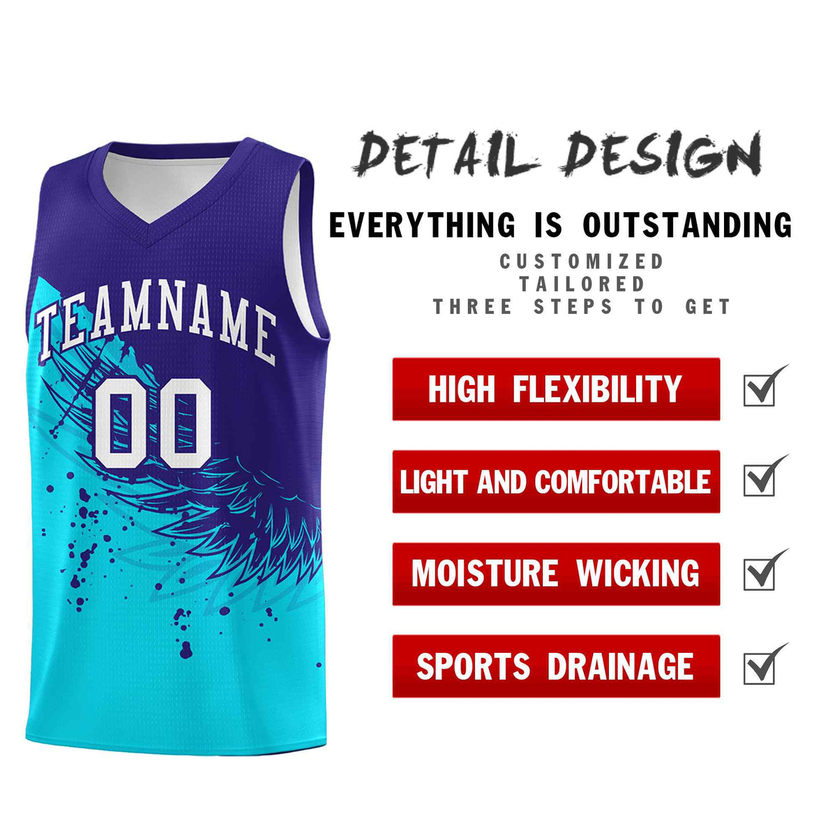 Custom Sky Blue Royal Wing Pattern Sports Uniform Basketball Jersey