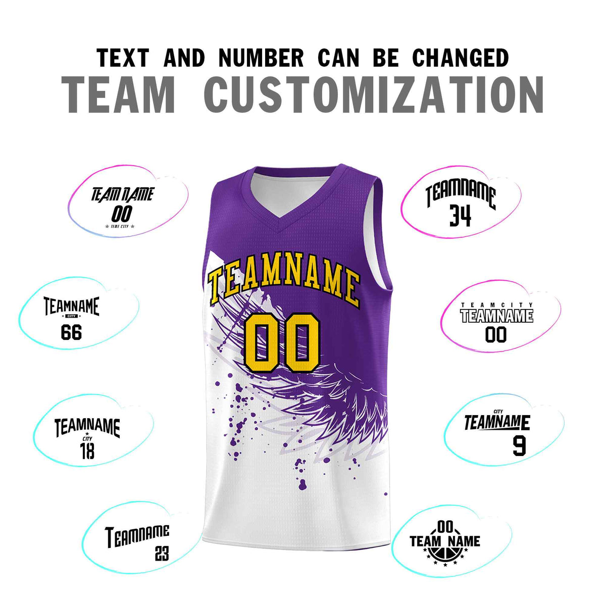 Custom White Purple Wing Pattern Sports Uniform Basketball Jersey