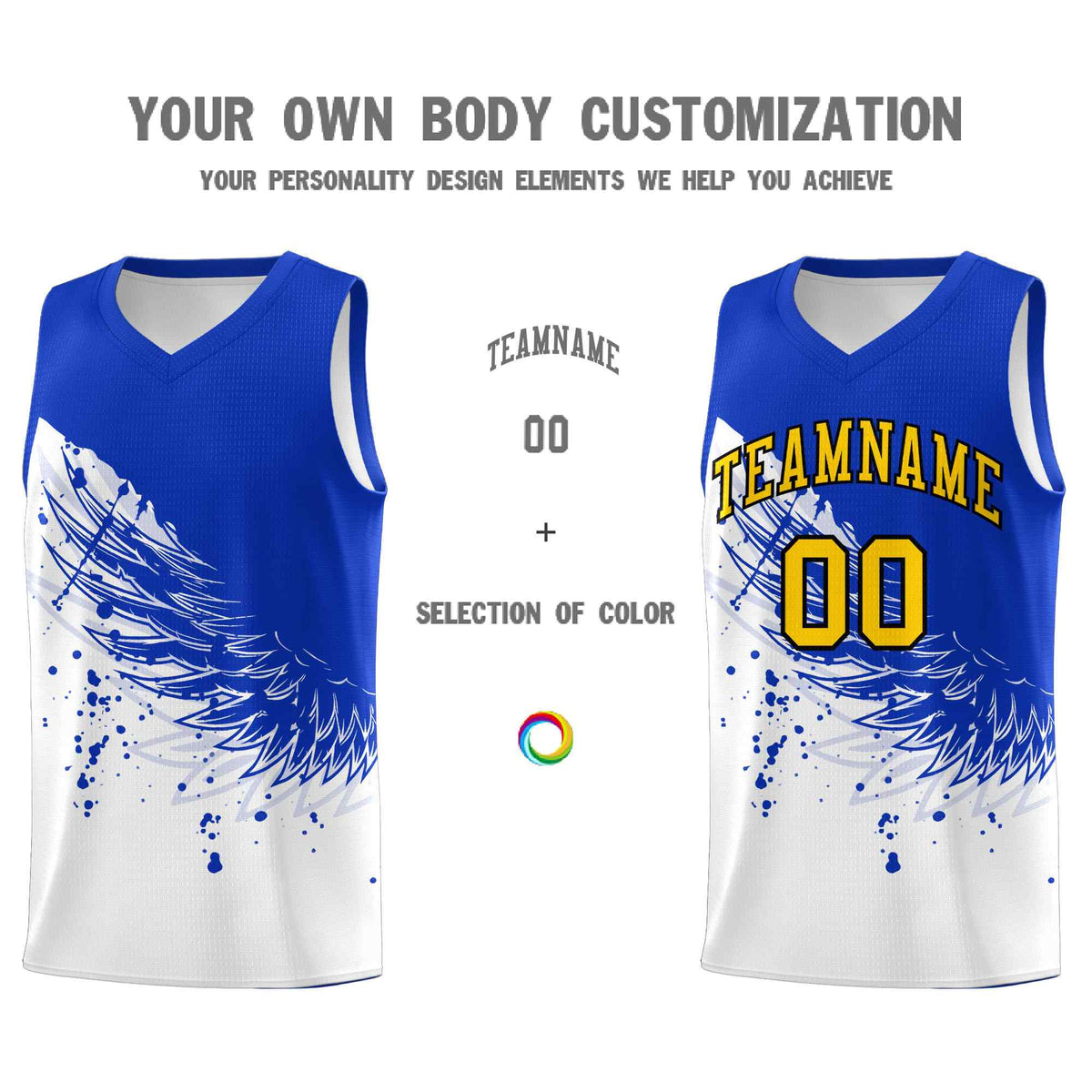 Custom White Royal Wing Pattern Sports Uniform Basketball Jersey