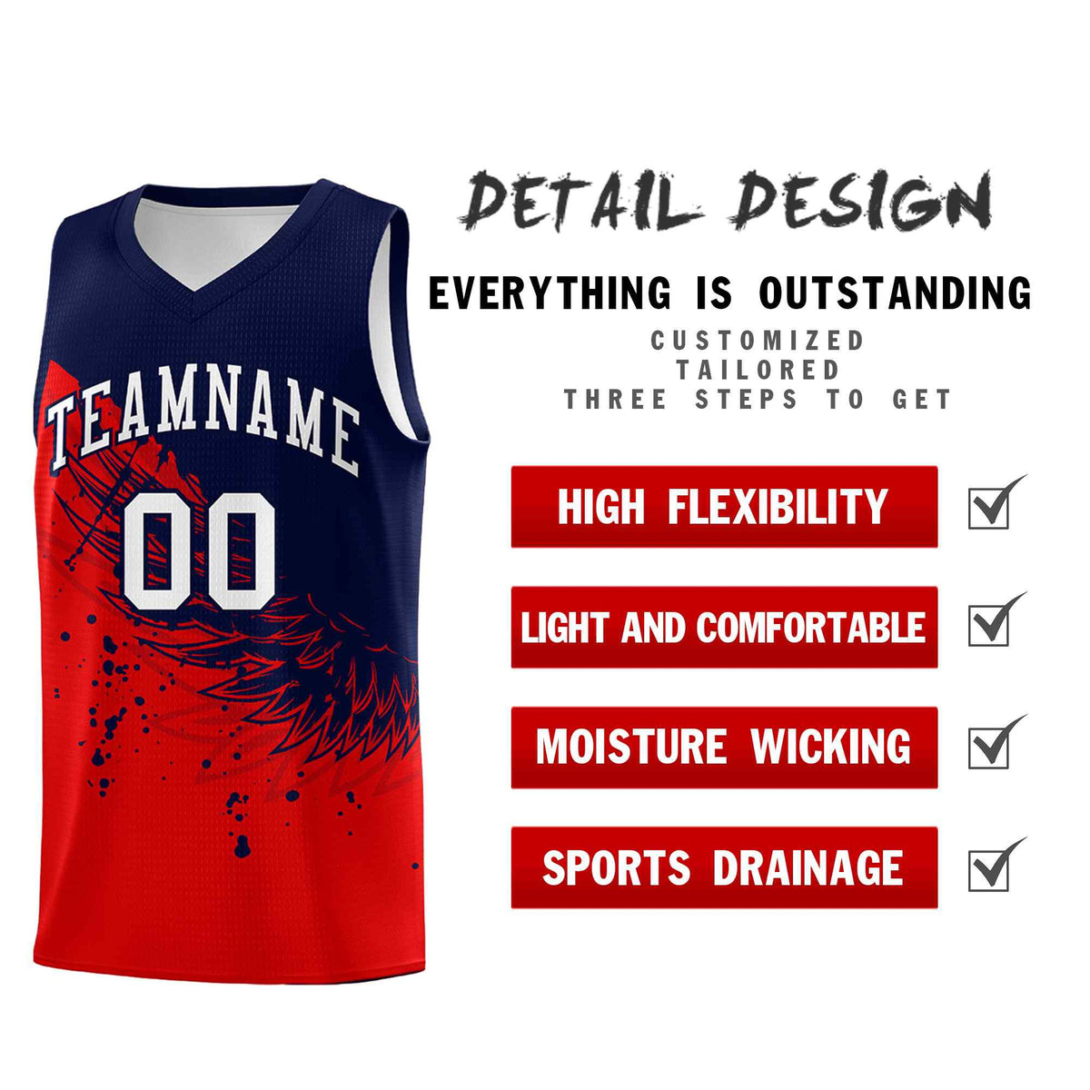 Custom Red Navy Wing Pattern Sports Uniform Basketball Jersey