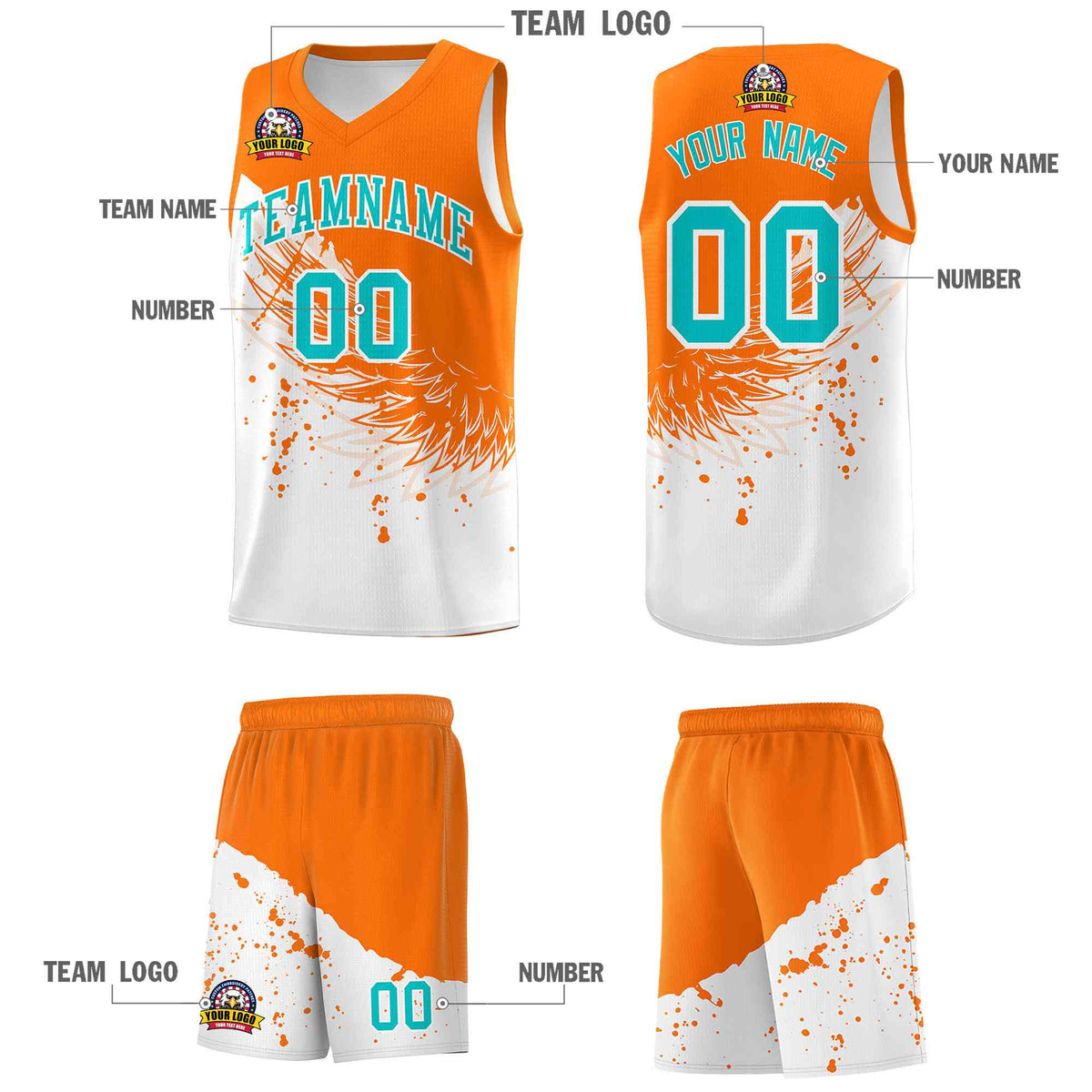 Custom White Orange Wing Pattern Sports Uniform Basketball Jersey