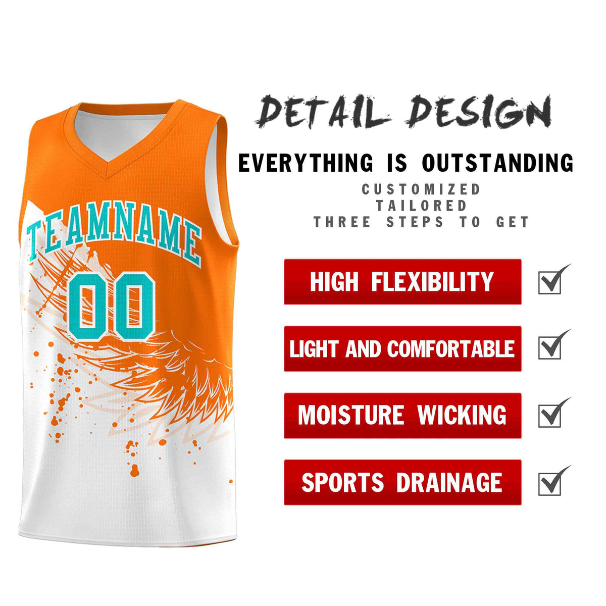 Custom White Orange Wing Pattern Sports Uniform Basketball Jersey