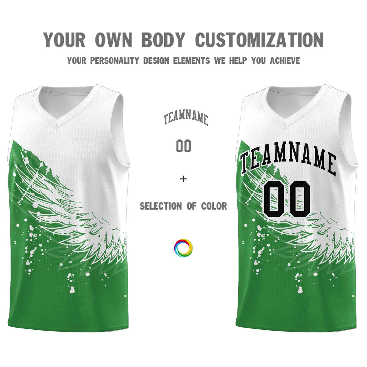 Custom Kelly Green White Wing Pattern Sports Uniform Basketball Jersey