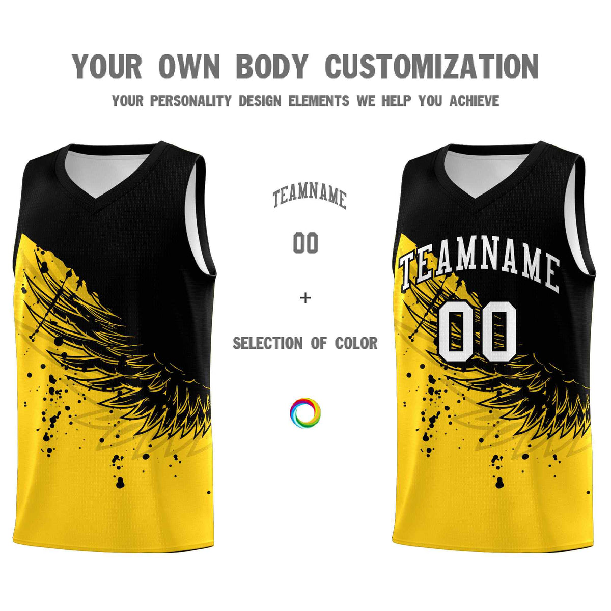 Custom Gold Black Wing Pattern Sports Uniform Basketball Jersey