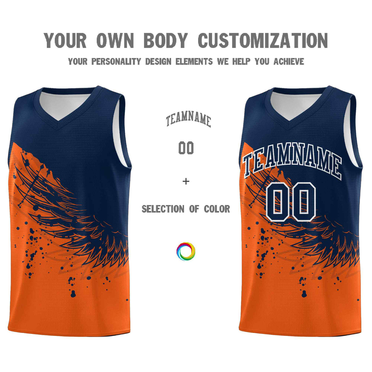 Custom Orange Navy Wing Pattern Sports Uniform Basketball Jersey