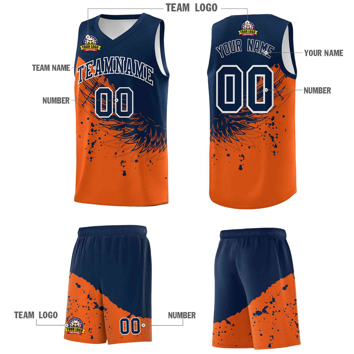 Custom Orange Navy Wing Pattern Sports Uniform Basketball Jersey