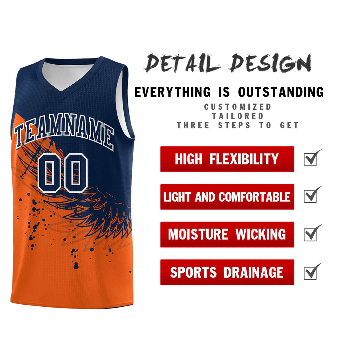 Custom Orange Navy Wing Pattern Sports Uniform Basketball Jersey