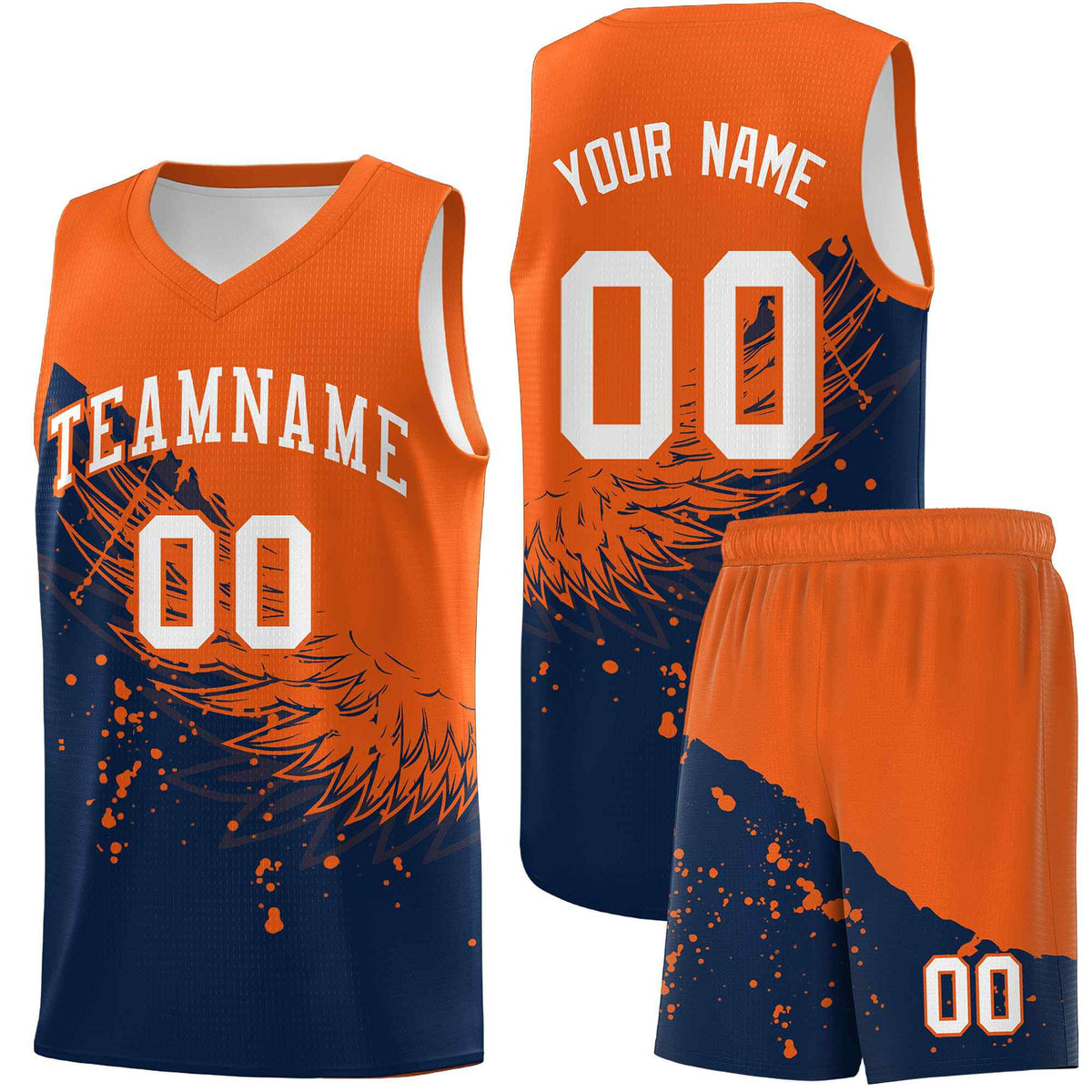 Custom Navy Orange Wing Pattern Sports Uniform Basketball Jersey