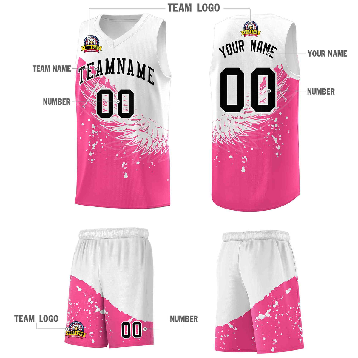 Custom Pink White Wing Pattern Sports Uniform Basketball Jersey