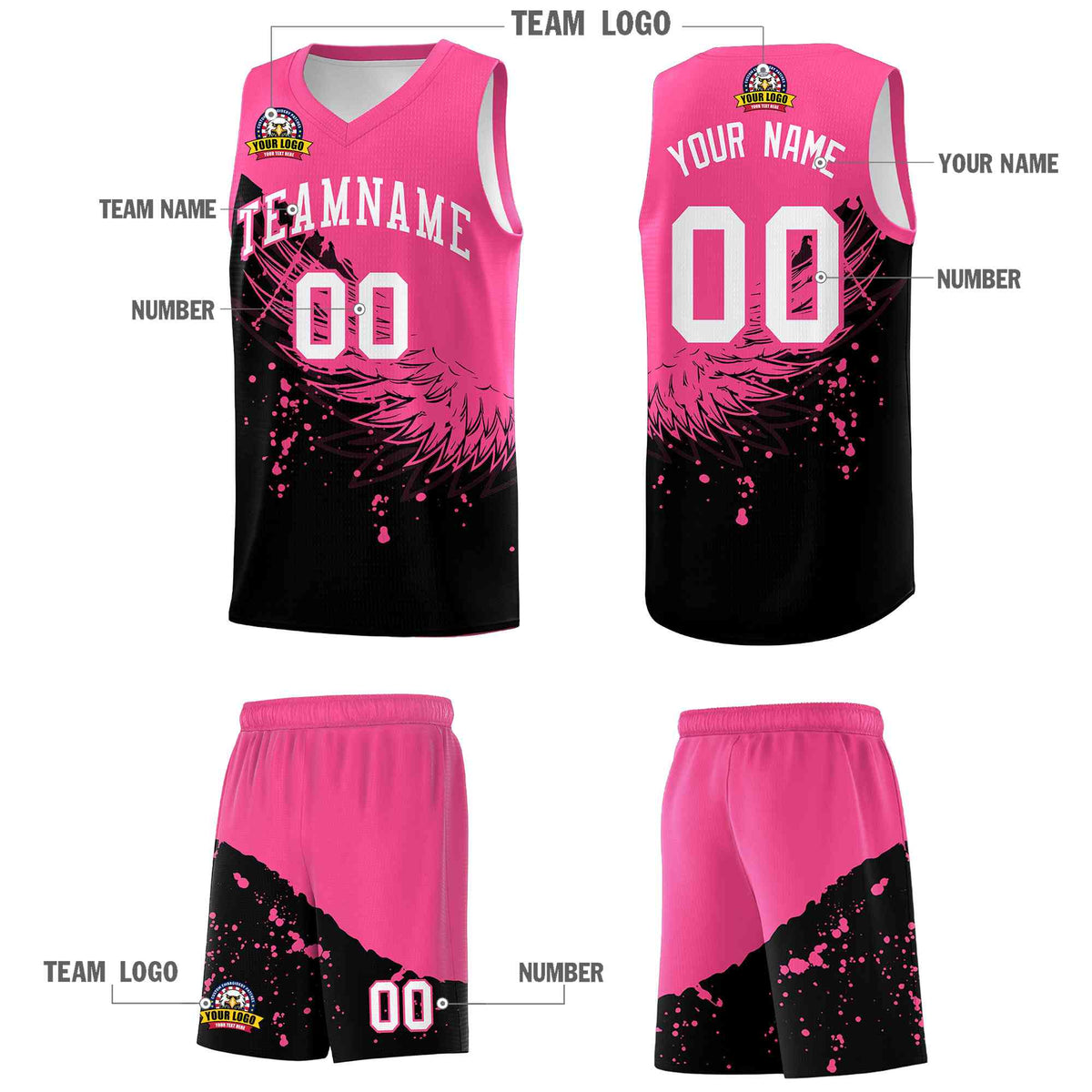 Custom Black Pink Wing Pattern Sports Uniform Basketball Jersey