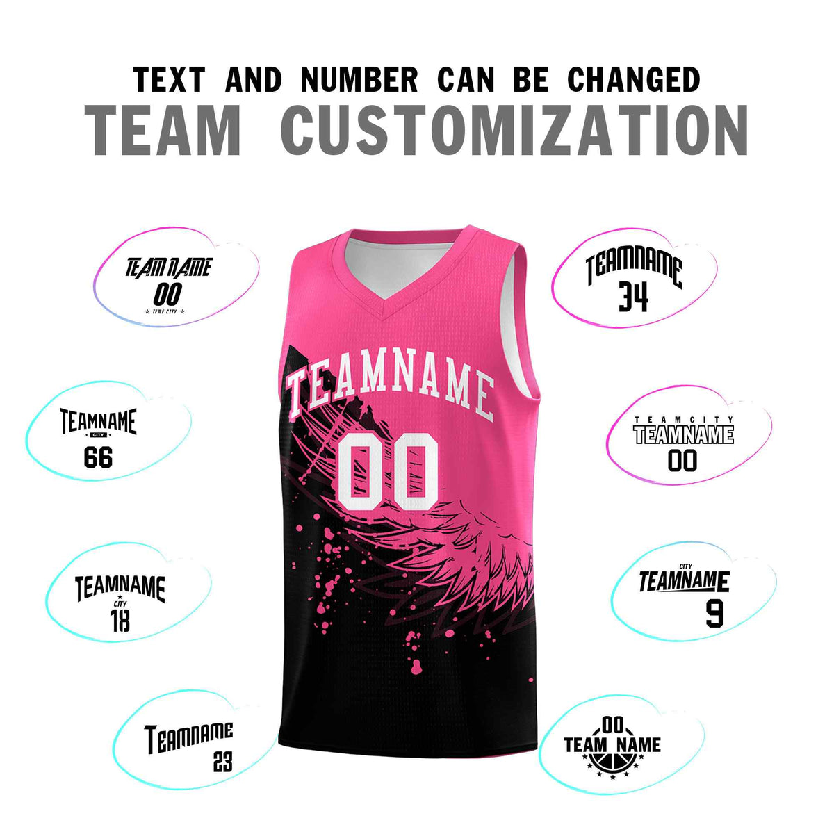 Custom Black Pink Wing Pattern Sports Uniform Basketball Jersey