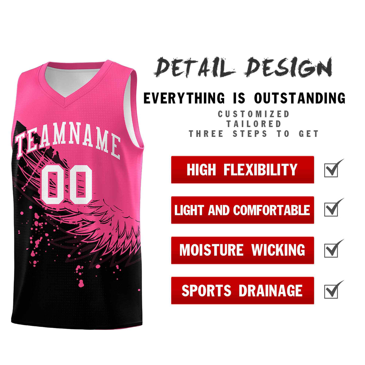 Custom Black Pink Wing Pattern Sports Uniform Basketball Jersey