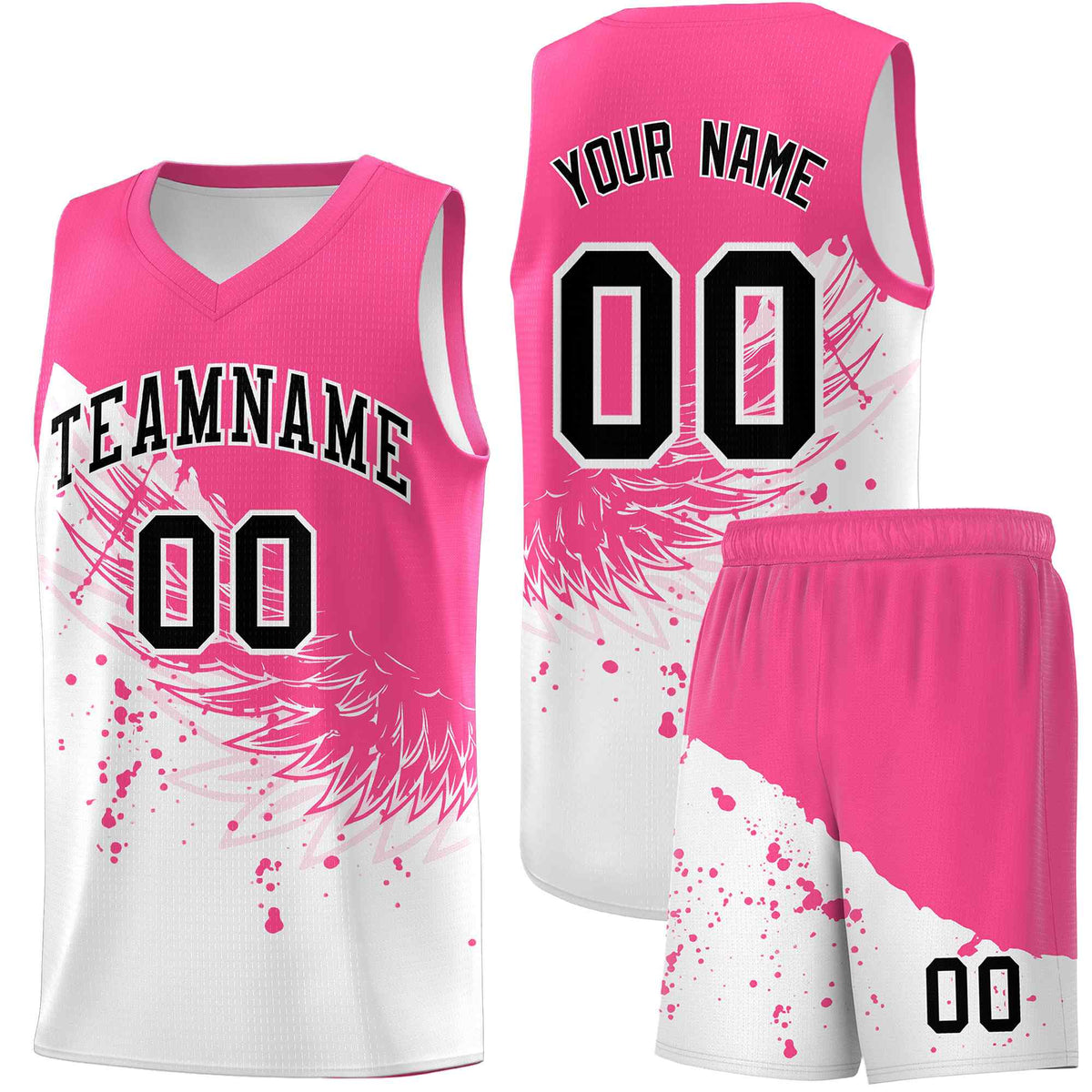 Custom White Pink Wing Pattern Sports Uniform Basketball Jersey