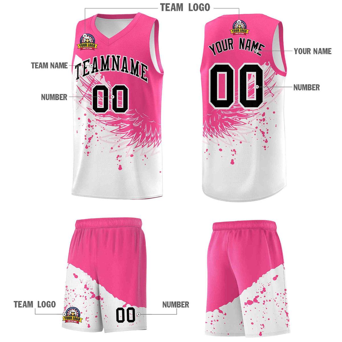 Custom White Pink Wing Pattern Sports Uniform Basketball Jersey