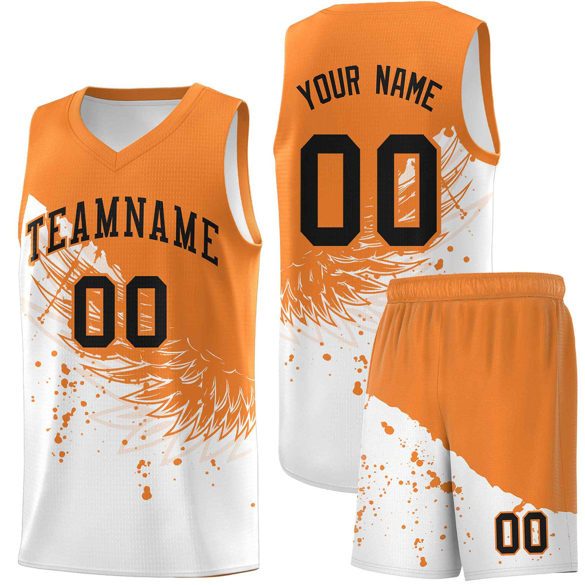Custom White Gold Orange Wing Pattern Sports Uniform Basketball Jersey