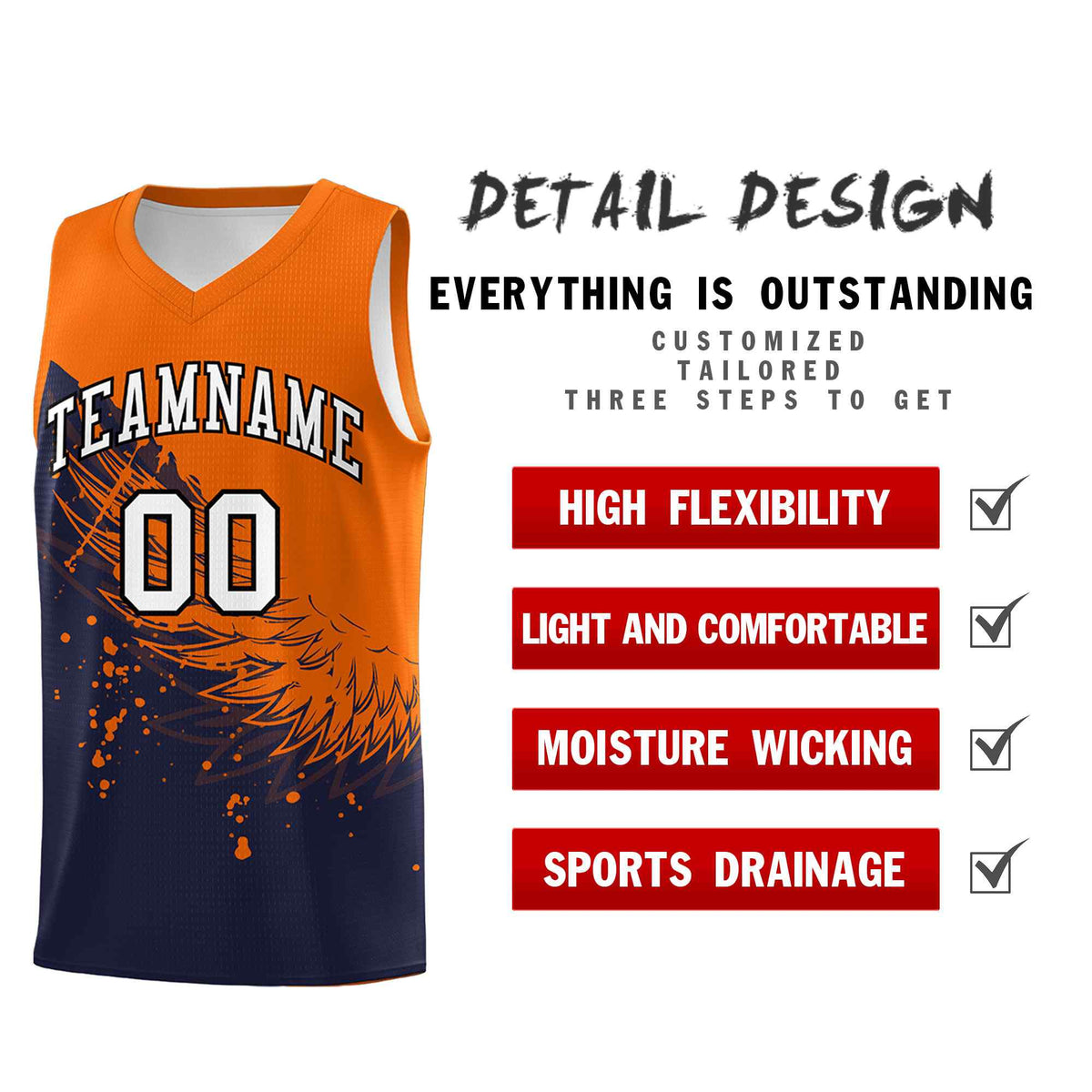 Custom Navy Orange Wing Pattern Sports Uniform Basketball Jersey