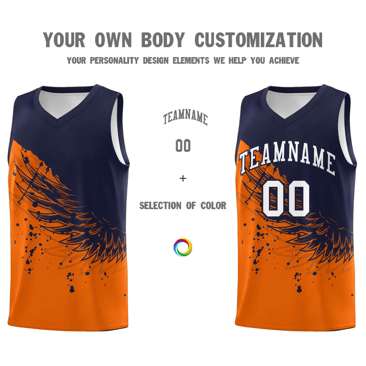 Custom Orange Navy Wing Pattern Sports Uniform Basketball Jersey