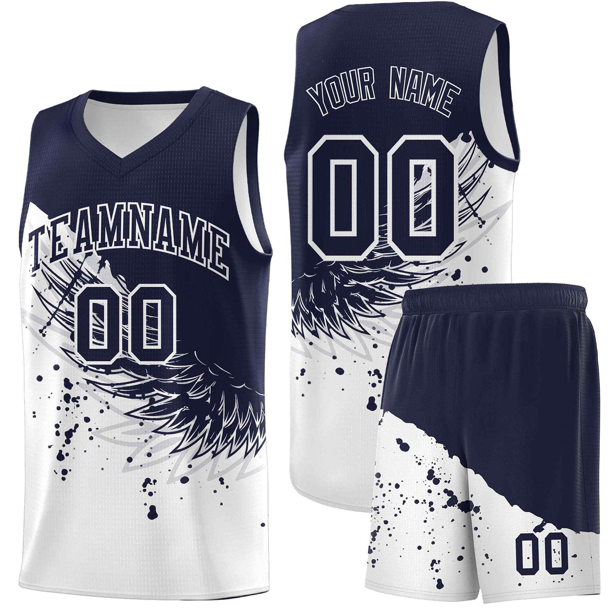 Custom White Navy Wing Pattern Sports Uniform Basketball Jersey