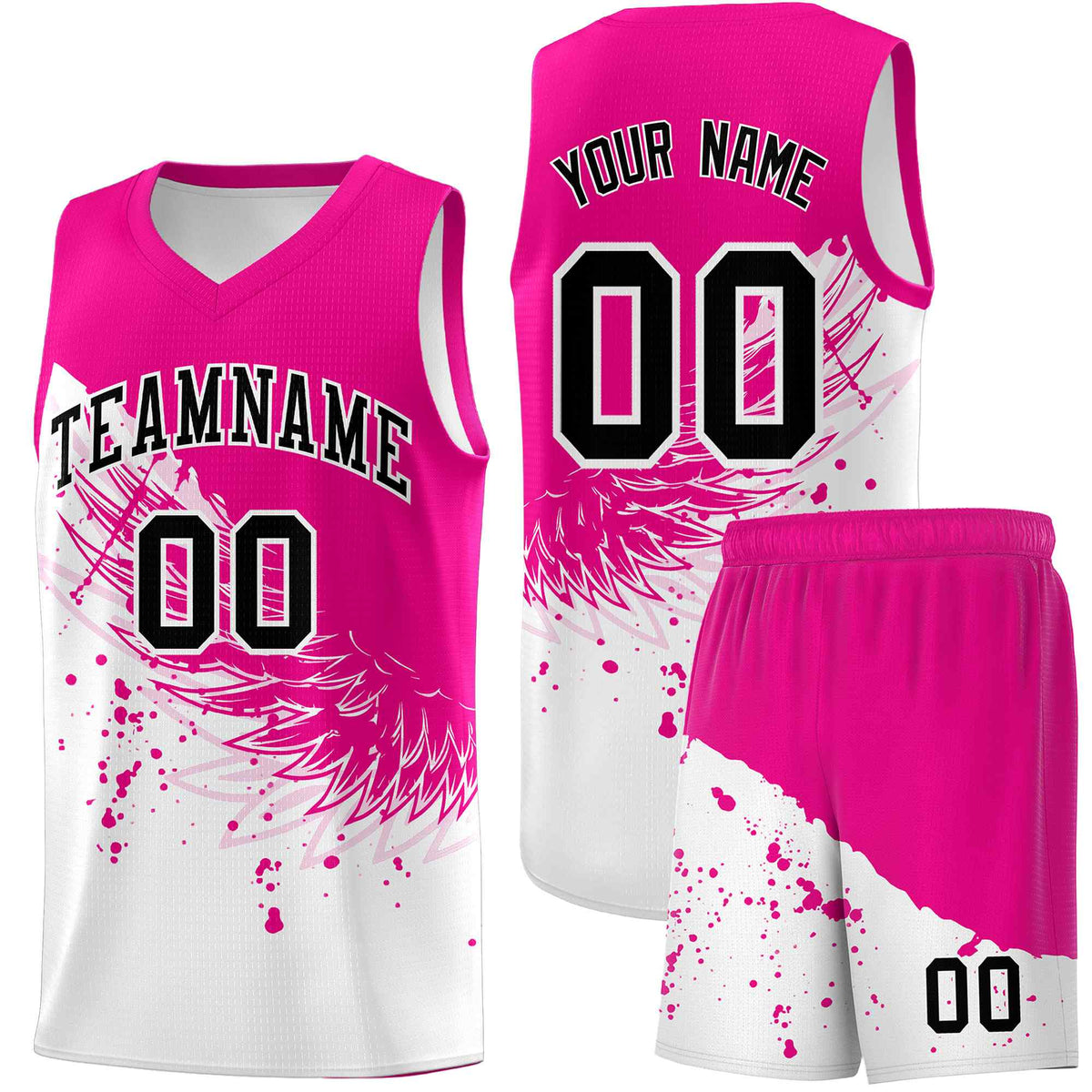 Custom White Pink Wing Pattern Sports Uniform Basketball Jersey