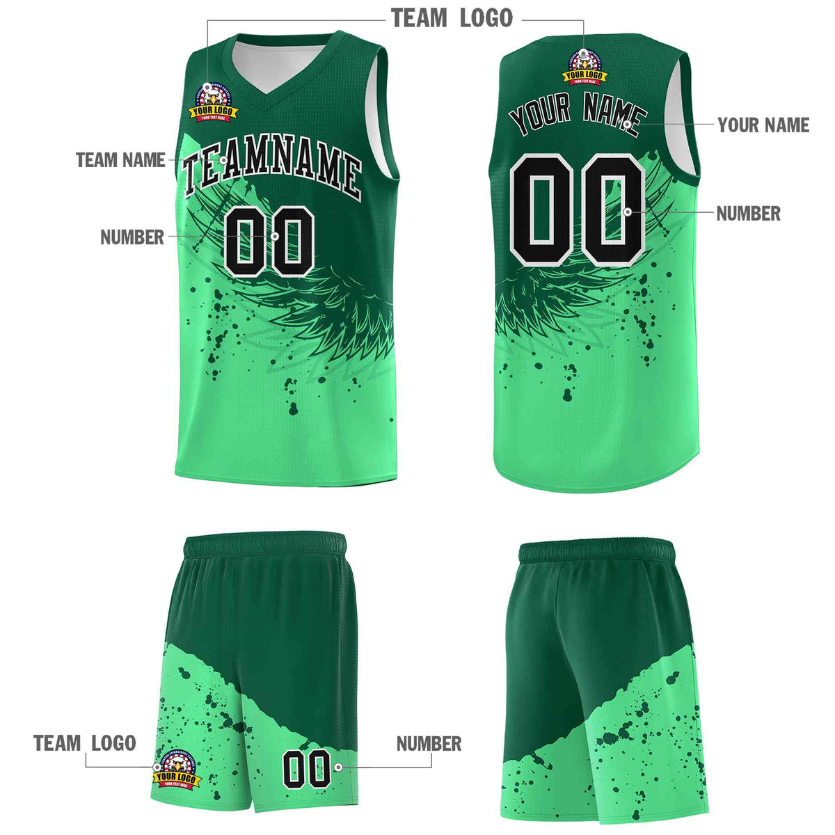 Custom Green Kelly Green Wing Pattern Sports Uniform Basketball Jersey