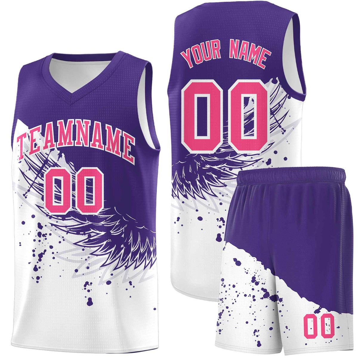 Custom White Purple Wing Pattern Sports Uniform Basketball Jersey