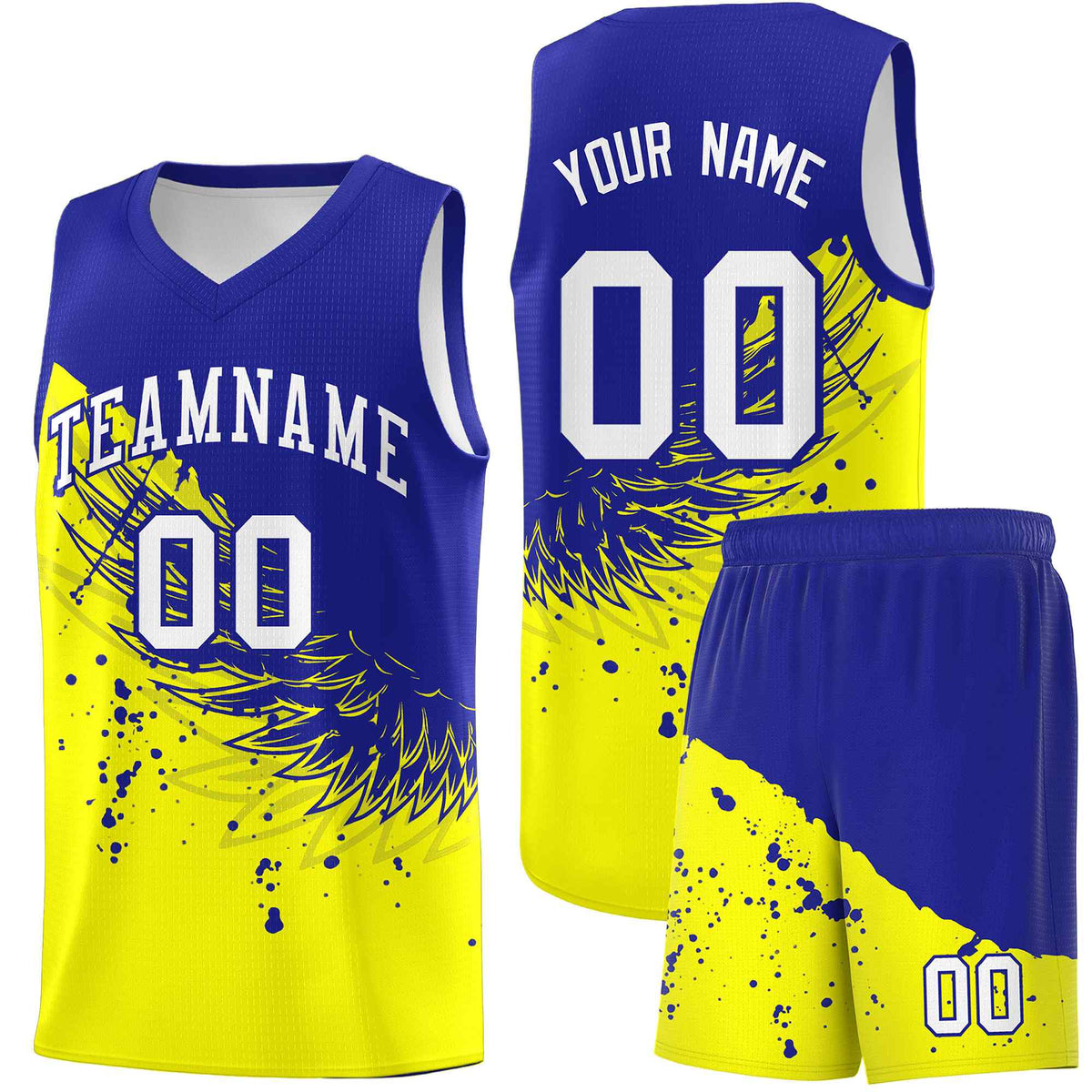 Custom Fluorescent Yellow Royal Wing Pattern Sports Uniform Basketball Jersey
