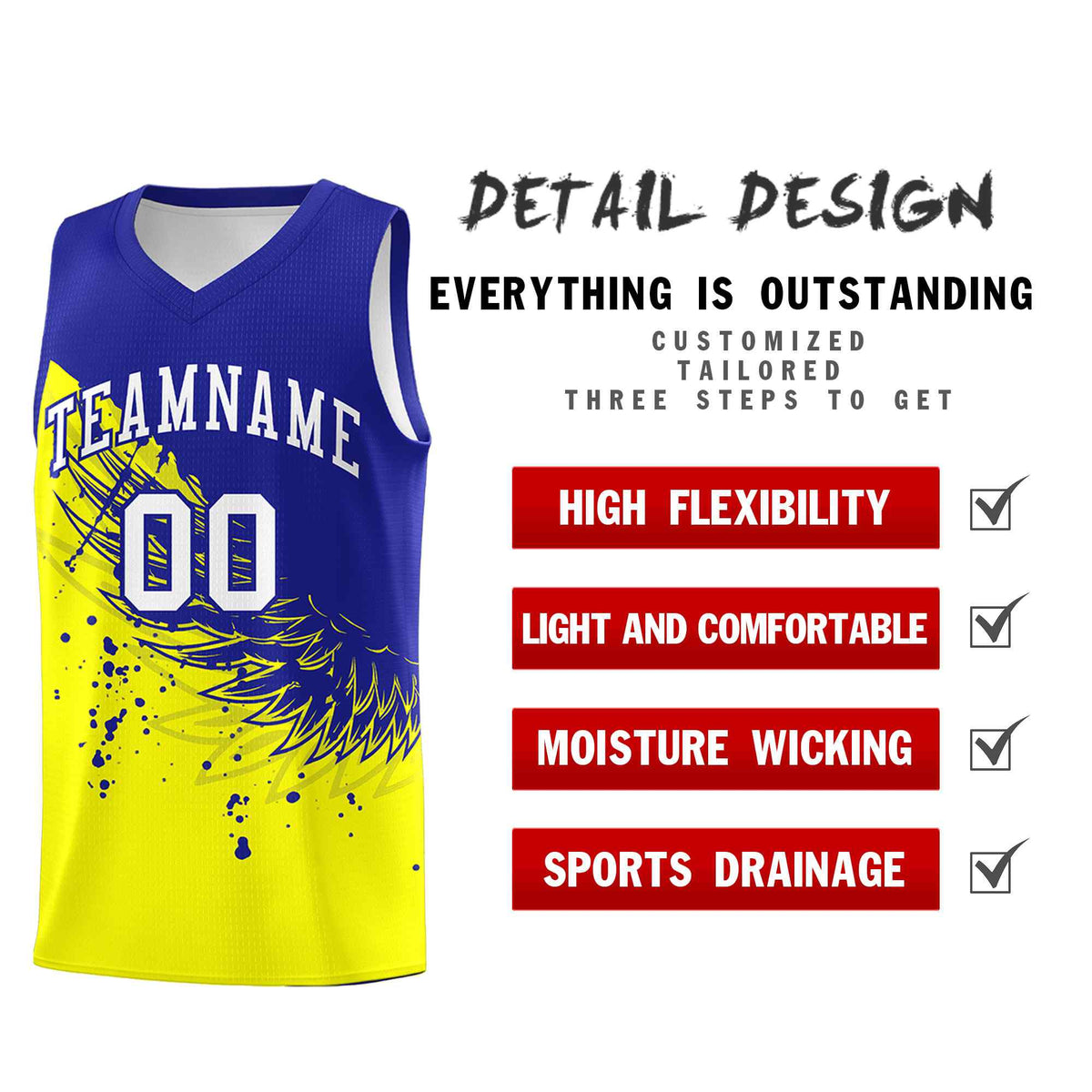Custom Fluorescent Yellow Royal Wing Pattern Sports Uniform Basketball Jersey