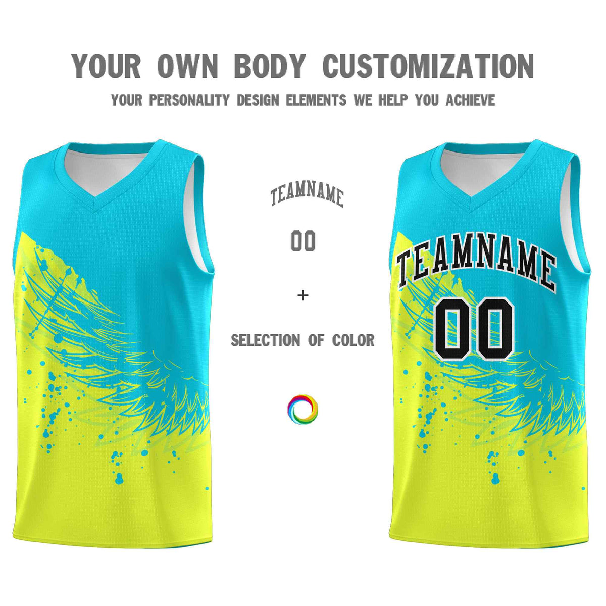Custom Fluorescent Green Sky Blue Wing Pattern Sports Uniform Basketball Jersey