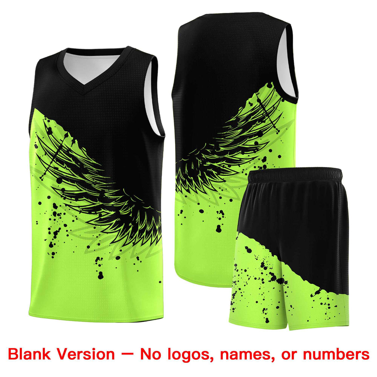 Custom Fluorescent Green Black Wing Pattern Sports Uniform Basketball Jersey