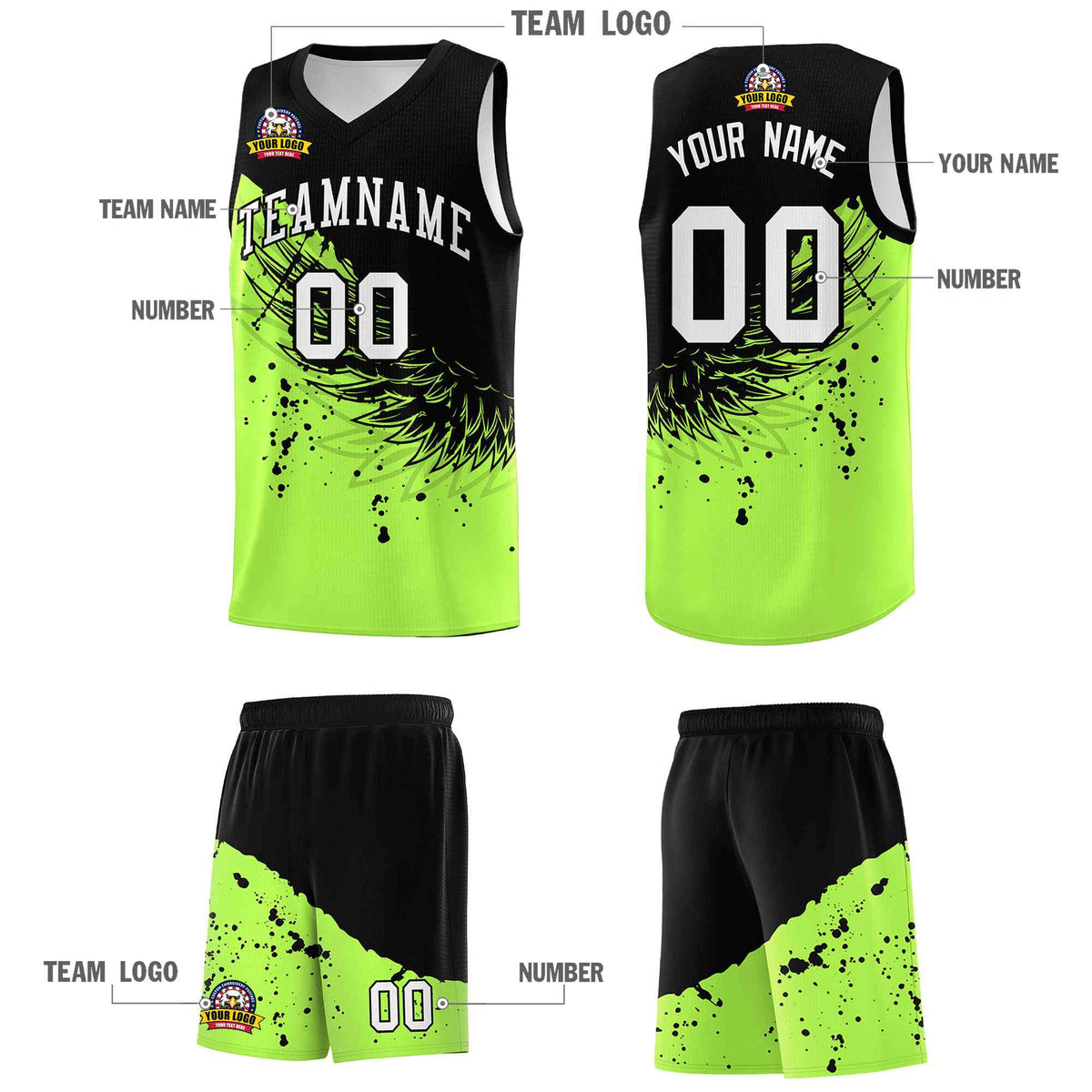 Custom Fluorescent Green Black Wing Pattern Sports Uniform Basketball Jersey