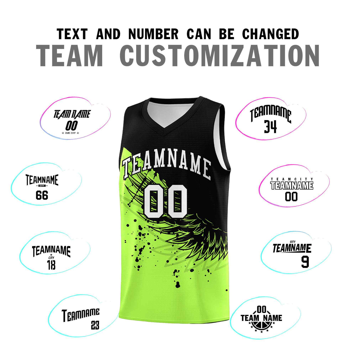 Custom Fluorescent Green Black Wing Pattern Sports Uniform Basketball Jersey