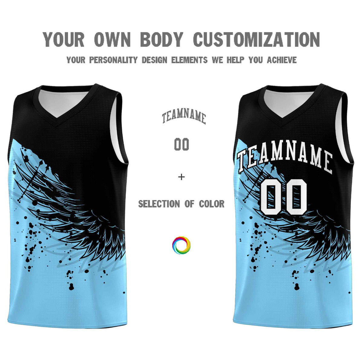 Custom Light Blue Black Wing Pattern Sports Uniform Basketball Jersey