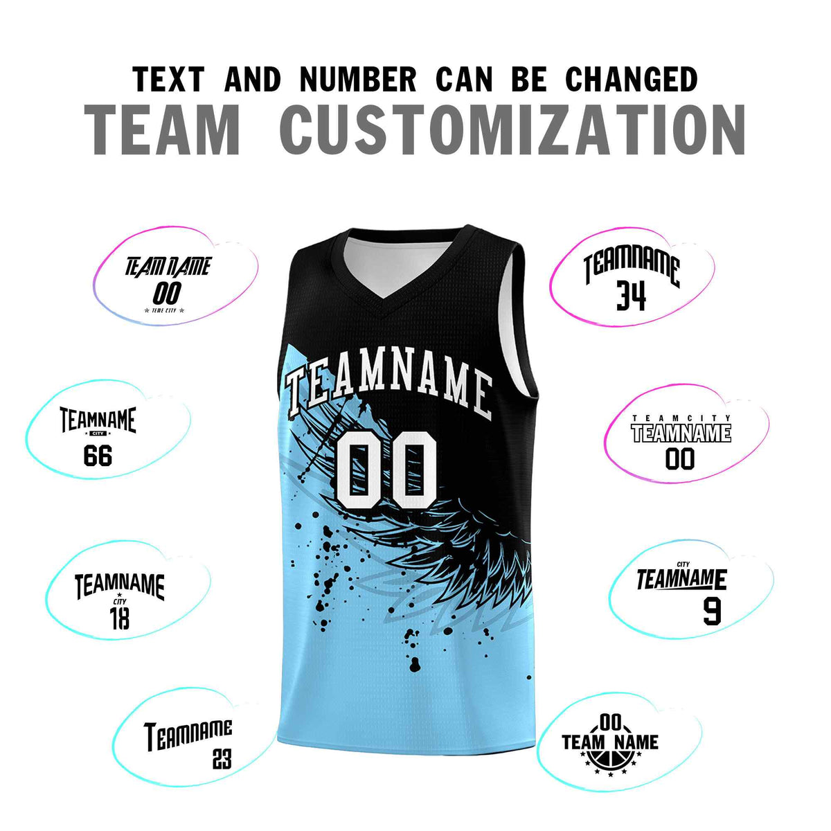 Custom Light Blue Black Wing Pattern Sports Uniform Basketball Jersey