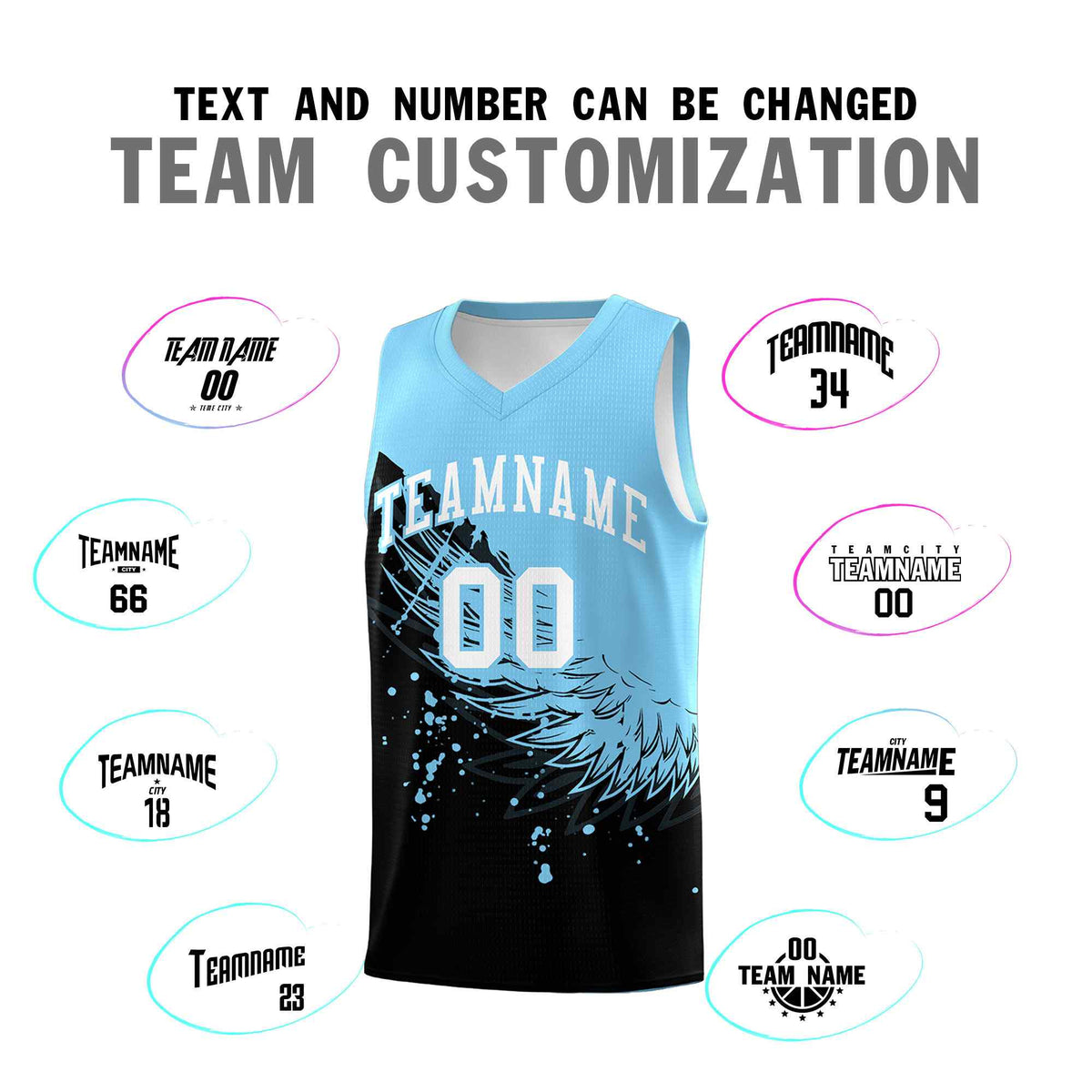 Custom Black Light Blue Wing Pattern Sports Uniform Basketball Jersey