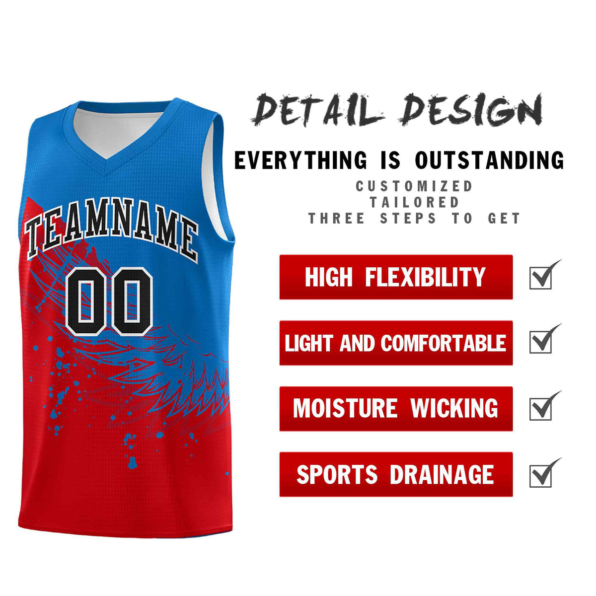 Custom Red Royal Wing Pattern Sports Uniform Basketball Jersey