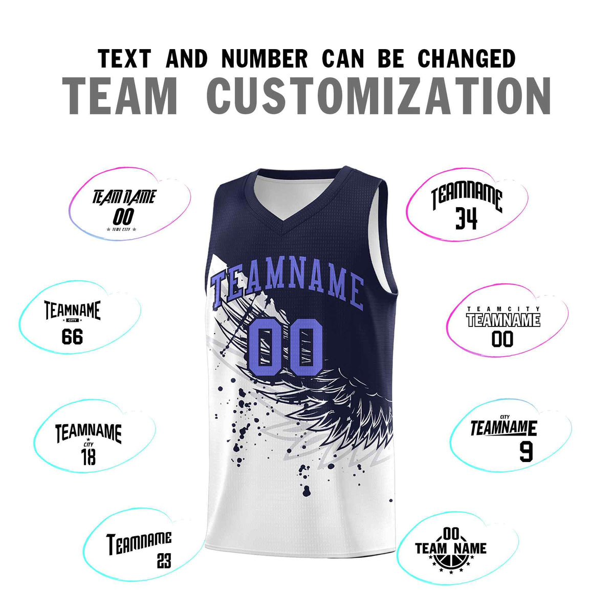 Custom White Navy Wing Pattern Sports Uniform Basketball Jersey