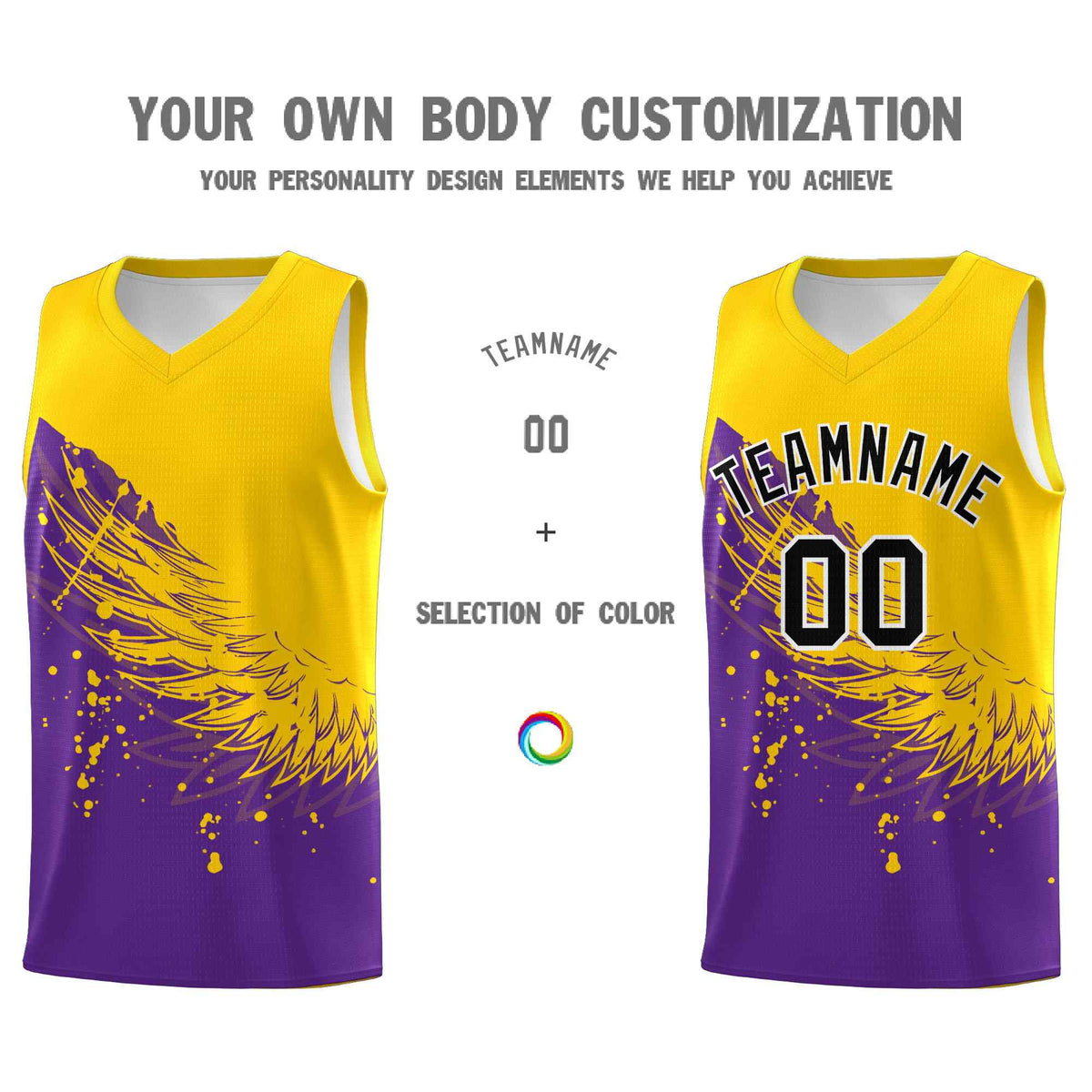 Custom Purple Gold Wing Pattern Sports Uniform Basketball Jersey