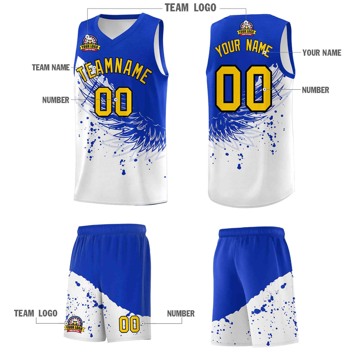 Custom White Royal Wing Pattern Sports Uniform Basketball Jersey