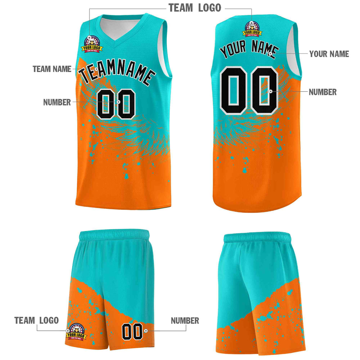 Custom Orange Aqua Wing Pattern Sports Uniform Basketball Jersey