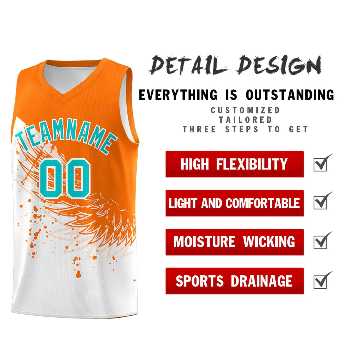 Custom White Orange Wing Pattern Sports Uniform Basketball Jersey