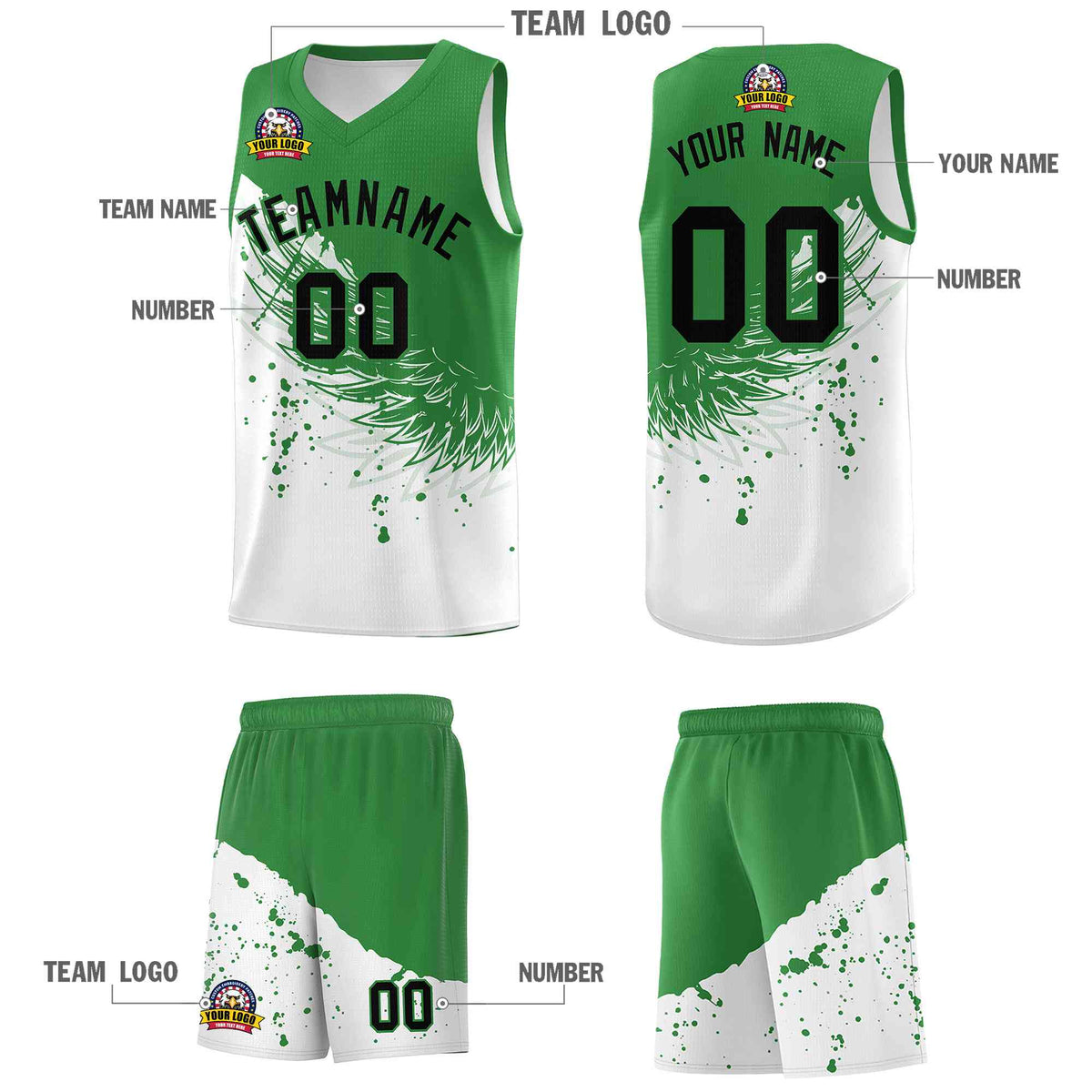 Custom White Kelly Green Wing Pattern Sports Uniform Basketball Jersey