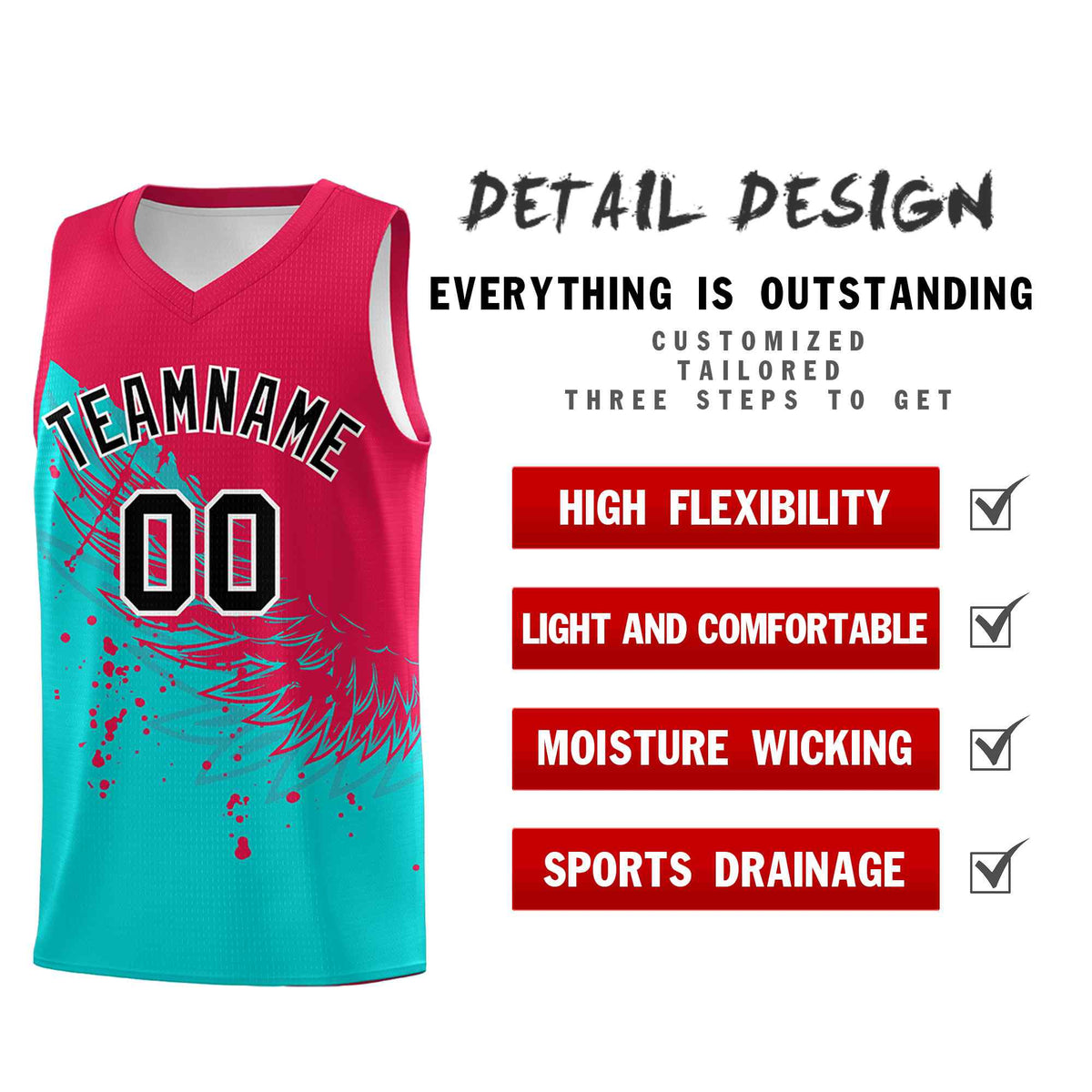 Custom Aqua Red Wing Pattern Sports Uniform Basketball Jersey