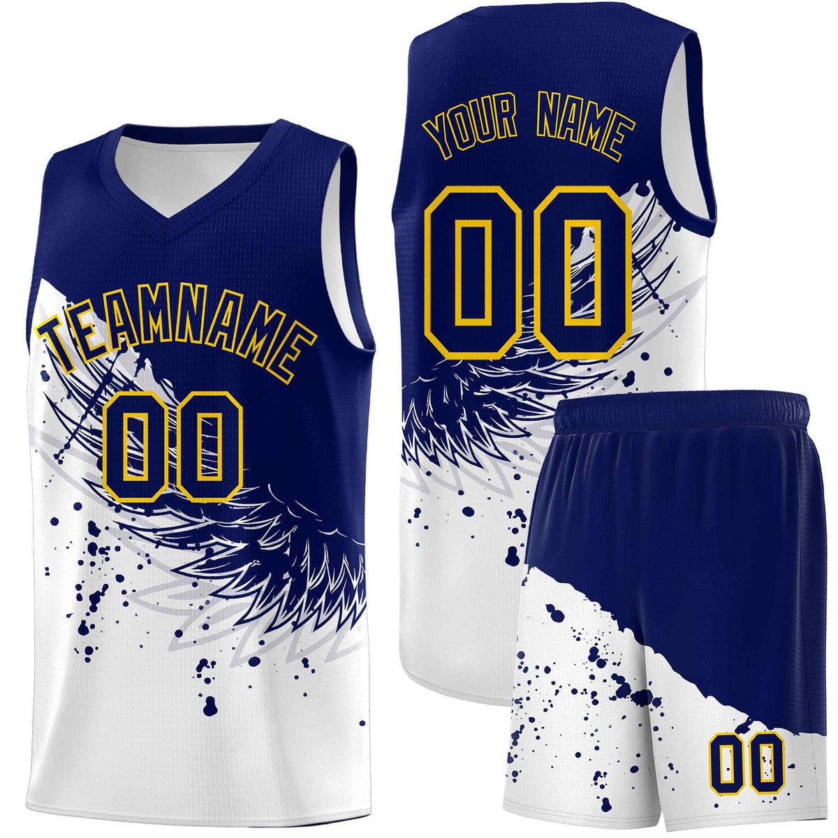 Custom White Navy Wing Pattern Sports Uniform Basketball Jersey