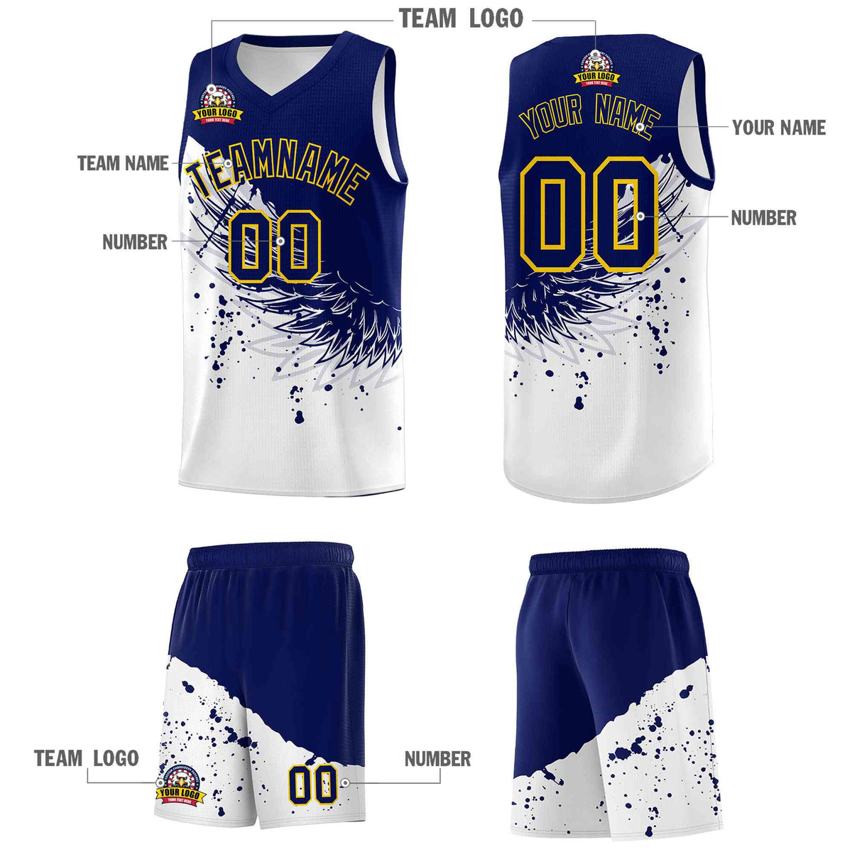 Custom White Navy Wing Pattern Sports Uniform Basketball Jersey
