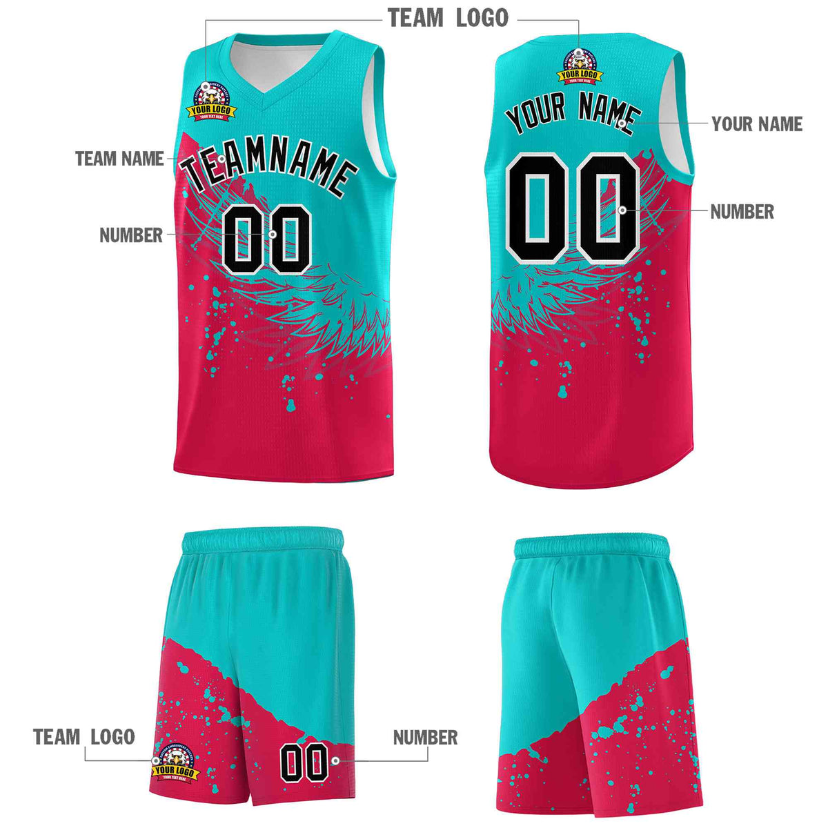 Custom Red Aqua Wing Pattern Sports Uniform Basketball Jersey
