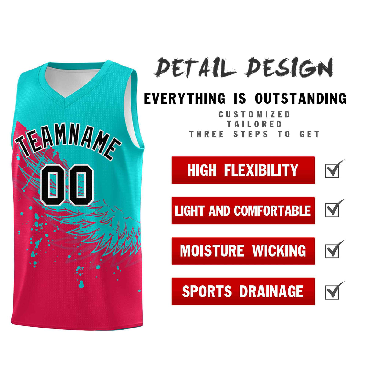 Custom Red Aqua Wing Pattern Sports Uniform Basketball Jersey
