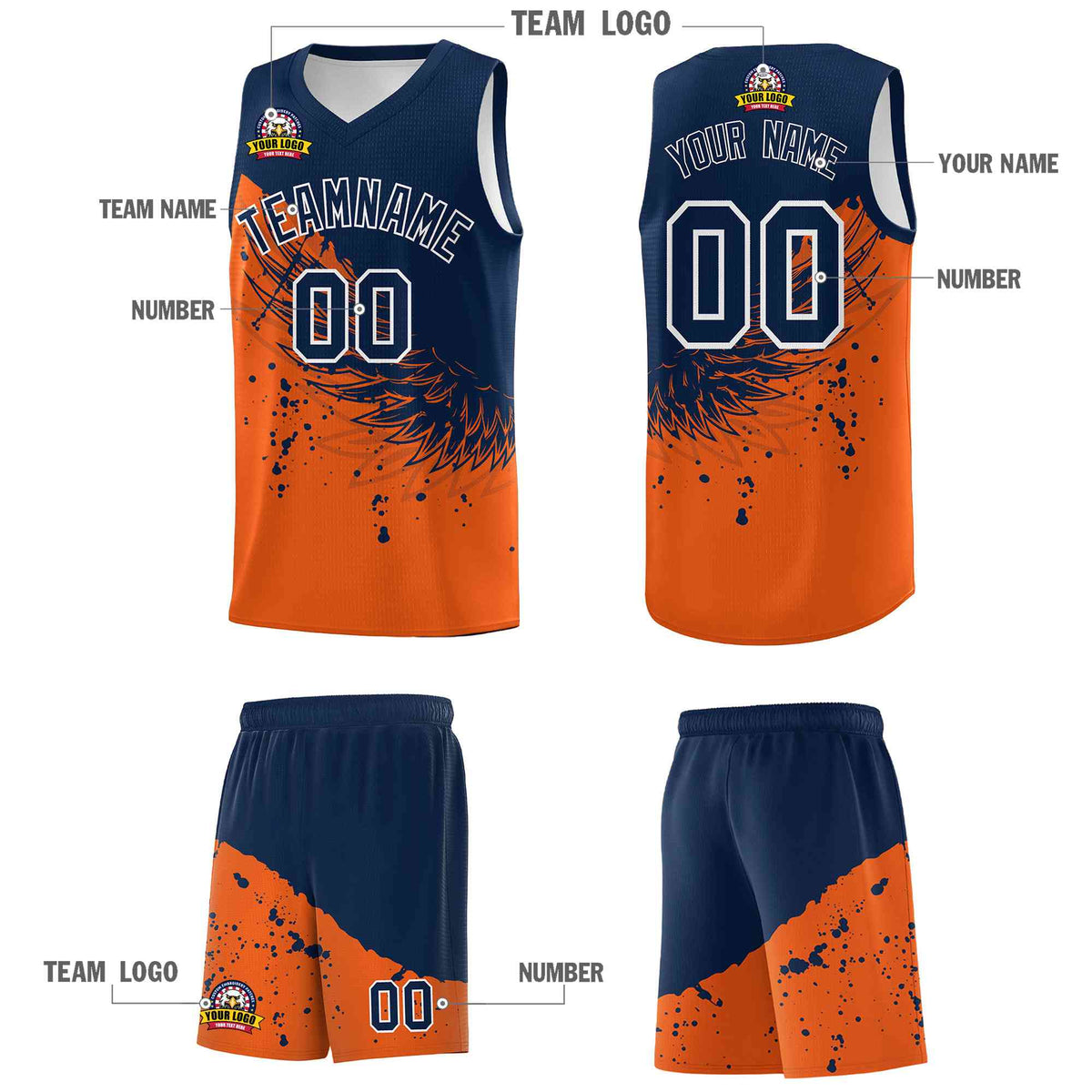 Custom Orange Navy Wing Pattern Sports Uniform Basketball Jersey