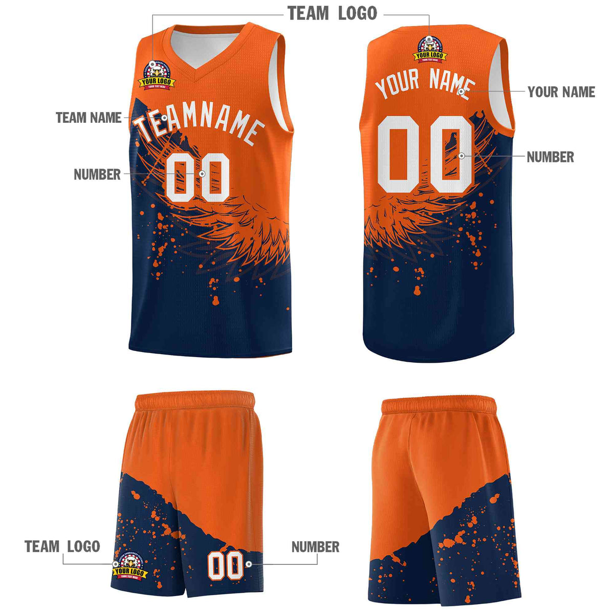 Custom Navy Orange Wing Pattern Sports Uniform Basketball Jersey